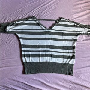 Guess Charcoal and White Striped V-Neck Blouse